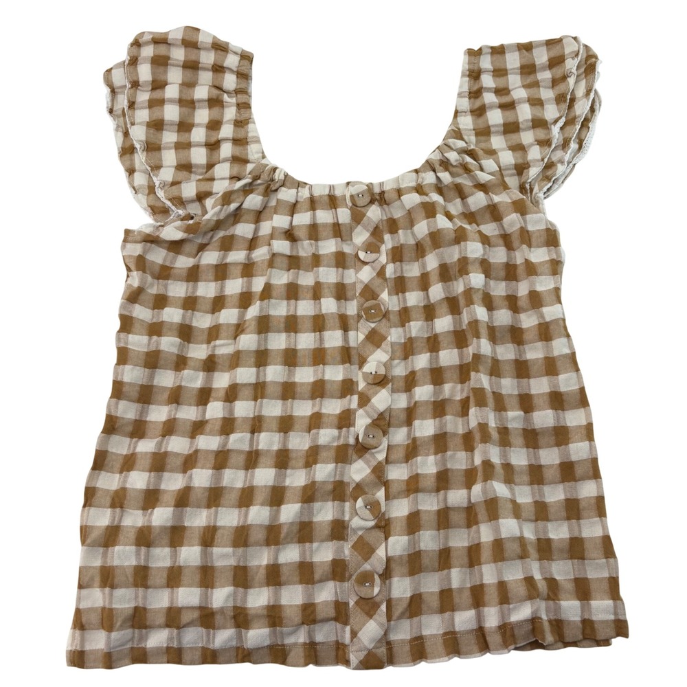 Matilda Jane Tan Gingham Check Flutter Sleeve Button Down Blouse Top Medium